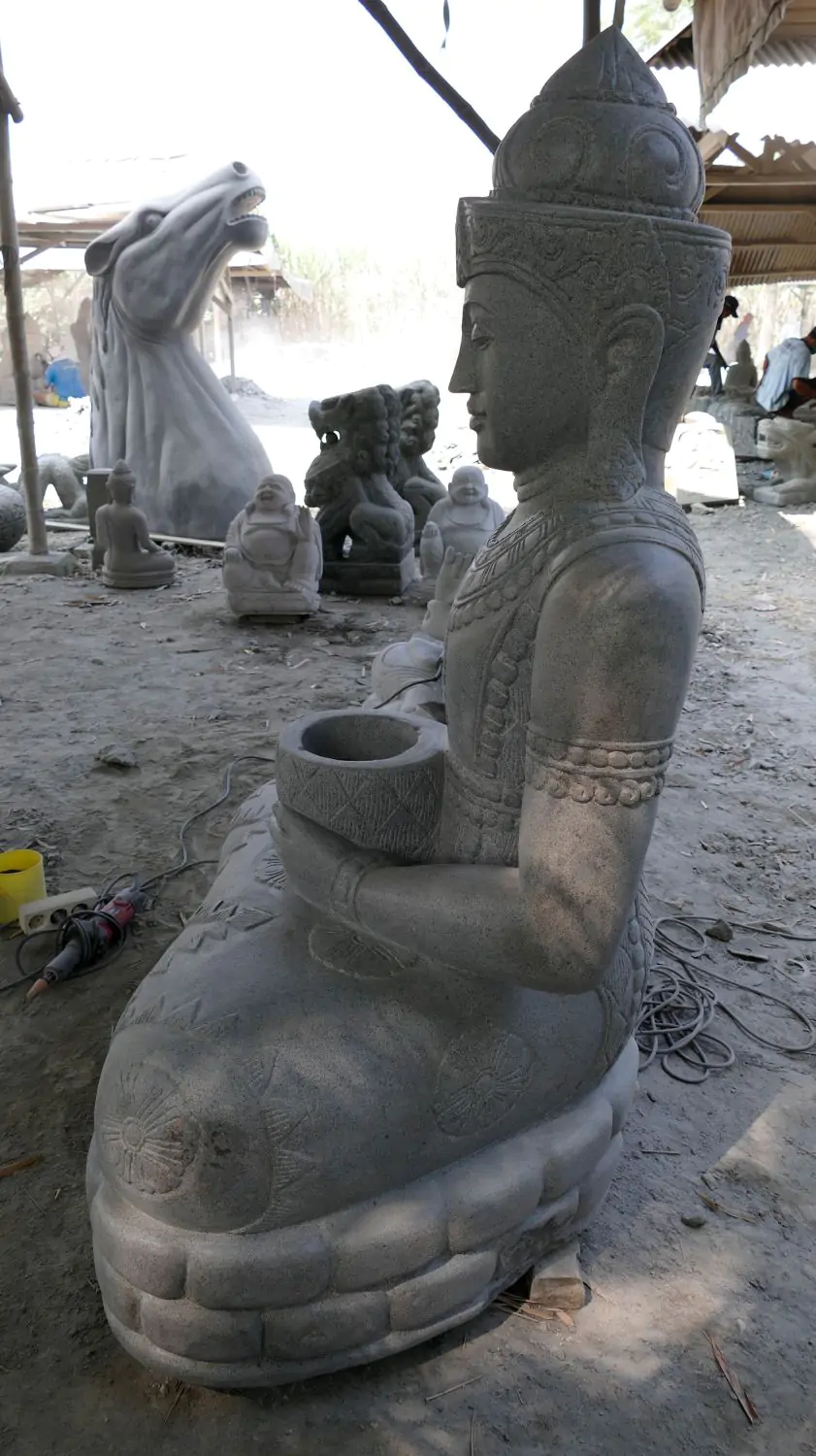  Product image 3 of the product “Seated Buddha in Thai style made of Riverstone, Holds a vessel in his hands, H. 150cm. ”
